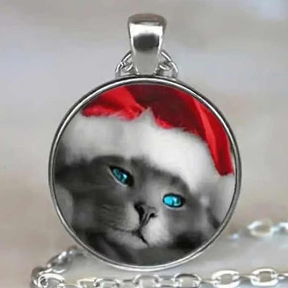 Silver Christmas Kitty Cat Glass Cabochon Pendant Necklace